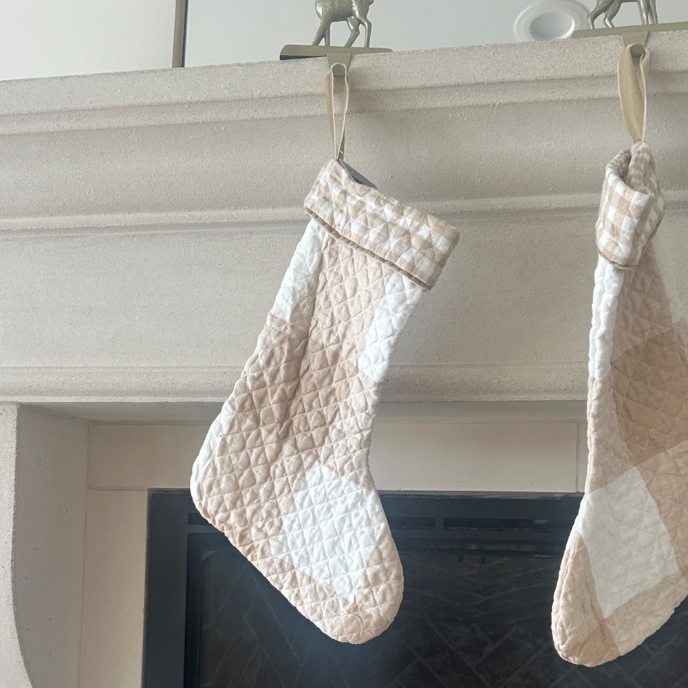West elm gingham Tan and White Quilted Holiday Stocking NWT Heather Taylor Home